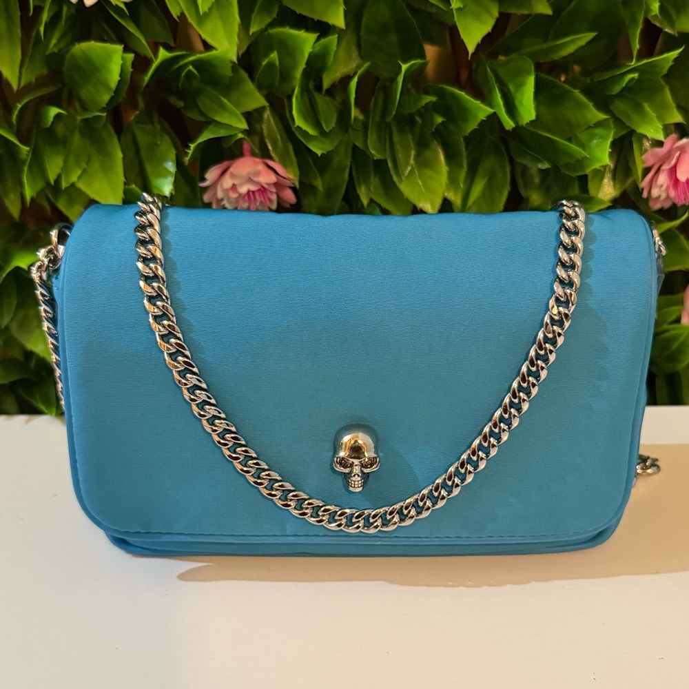 Alexander McQueen blue nylon skull silver chain Crossbody bag